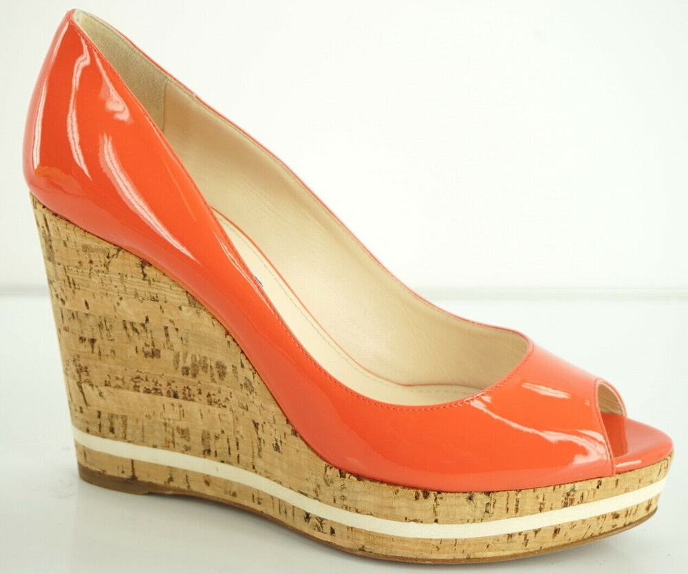 Prada Pink Patent Platform Wedge Heel Espadrille Peep Pumps